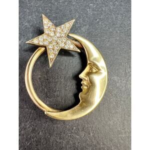 Vintage Crescent Moon & Star Rhinestone Gold Tone Brooch Pin